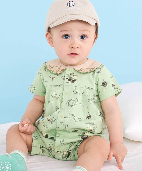SLAP SLIP BABY(スラップスリップベビー)の「【お揃い】襟モチーフ総柄ロンパースベビー(60~80cm)(ロンパース・キッズ・グリーン系その他/ホワイト系その他・60cm/80cm/70cm)」の1枚目の写真