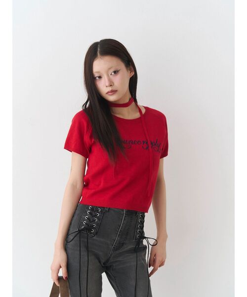 jouetie（ジュエティ）の「コンパクトニットトップス（Tシャツ/カットソー・レディース・ブラック/レッド/グレー・MEDIUM）」の3枚目の写真