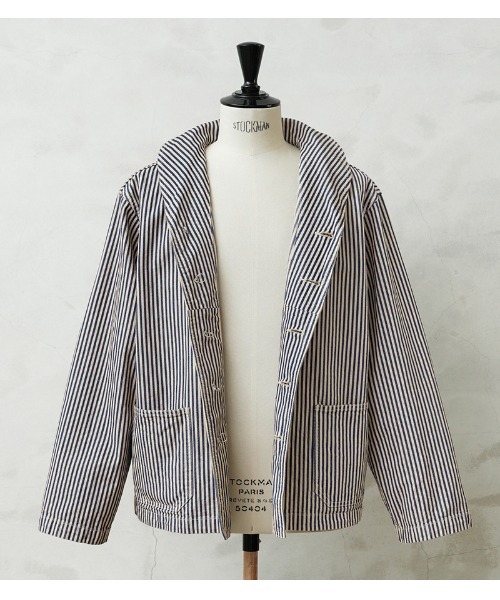 WAIPER.inc(ワイパーインク)の「WAIPER.inc 米軍 U.S.NAVY PRISONER ヒッコリーショールカラージャケット MADE OF“KAIHARA DENIM” VINTAGE WASH【WP1127C】(カバーオール・メンズ・ストライプ・38/40/42)」の2枚目の写真