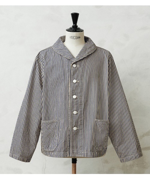 WAIPER.inc(ワイパーインク)の「WAIPER.inc 米軍 U.S.NAVY PRISONER ヒッコリーショールカラージャケット MADE OF“KAIHARA DENIM” VINTAGE WASH【WP1127C】(カバーオール・メンズ・ストライプ・38/40/42)」の3枚目の写真
