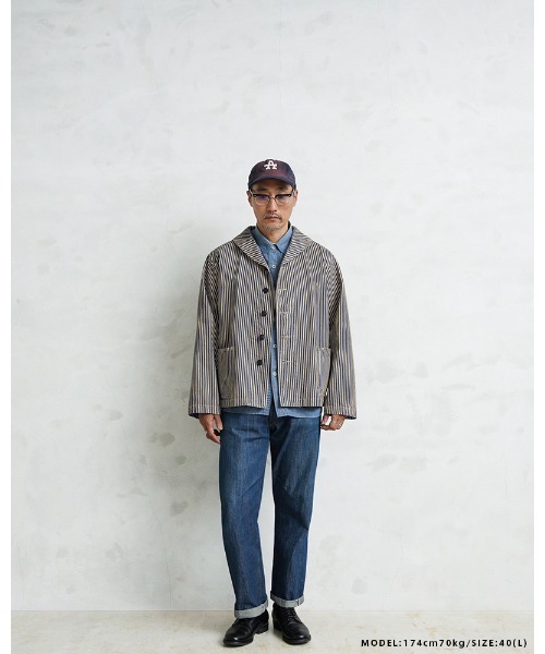 WAIPER.inc(ワイパーインク)の「WAIPER.inc 米軍 U.S.NAVY PRISONER ヒッコリーショールカラージャケット MADE OF“KAIHARA DENIM” VINTAGE WASH【WP1127C】(カバーオール・メンズ・ストライプ・38/40/42)」の7枚目の写真