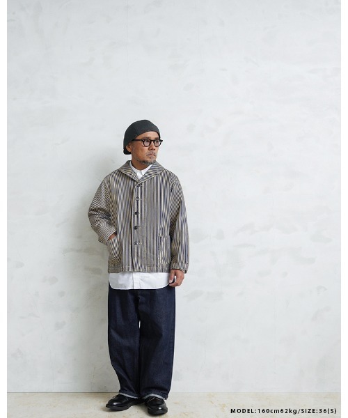 WAIPER.inc(ワイパーインク)の「WAIPER.inc 米軍 U.S.NAVY PRISONER ヒッコリーショールカラージャケット MADE OF“KAIHARA DENIM” VINTAGE WASH【WP1127C】(カバーオール・メンズ・ストライプ・38/40/42)」の11枚目の写真