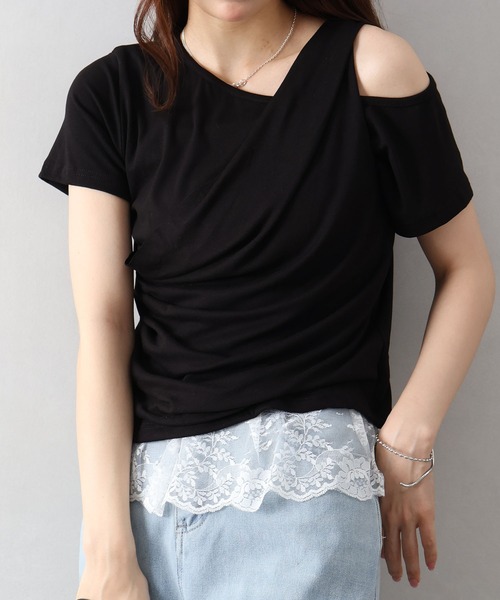 SpRay(スプレイ)の「オフショルドレープショートスリーブトップス(Tシャツ/カットソー・レディース・ブラック/アイボリー/ピンク・FREE)」の18枚目の写真