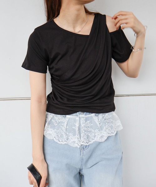 SpRay(スプレイ)の「オフショルドレープショートスリーブトップス(Tシャツ/カットソー・レディース・ブラック/アイボリー/ピンク・FREE)」の21枚目の写真