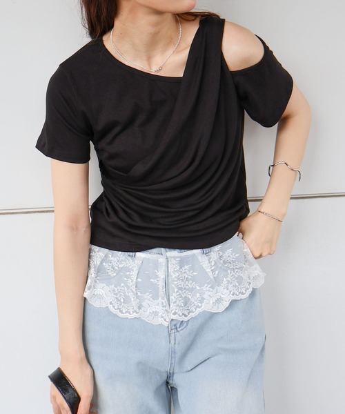SpRay(スプレイ)の「オフショルドレープショートスリーブトップス(Tシャツ/カットソー・レディース・ブラック/アイボリー/ピンク・FREE)」の22枚目の写真