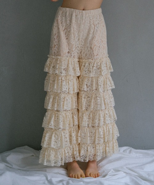 HONEY MI HONEY(ハニーミーハニー)の「lace tiered wide pants(その他パンツ・レディース・ブラック/コーラルピンク/ホワイト・FREE)」の1枚目の写真