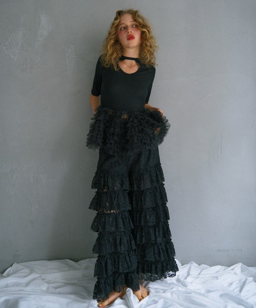 HONEY MI HONEY(ハニーミーハニー)の「lace tiered wide pants(その他パンツ・レディース・ブラック/コーラルピンク/ホワイト・FREE)」の8枚目の写真