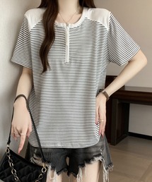半袖Tシャツ ボーダー柄 ハーフジップ ラグランスリーブトップス