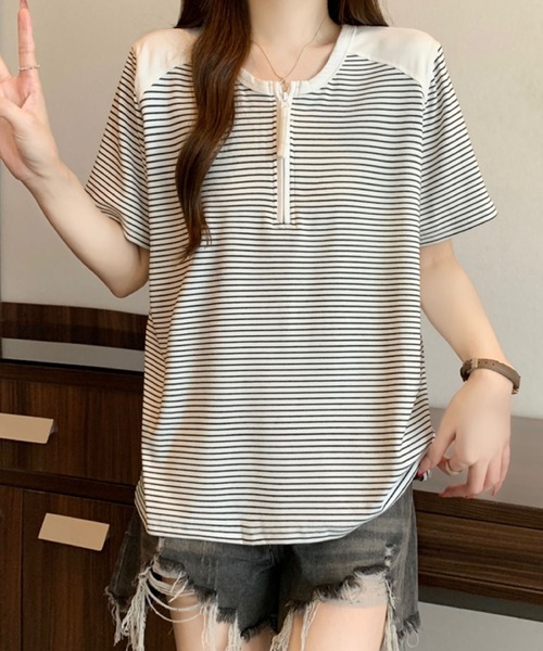 2ly2(トゥーリートゥー)の「半袖Tシャツ ボーダー柄 ハーフジップ ラグランスリーブトップス(Tシャツ/カットソー・レディース・グレー/ホワイト・FREE)」の15枚目の写真