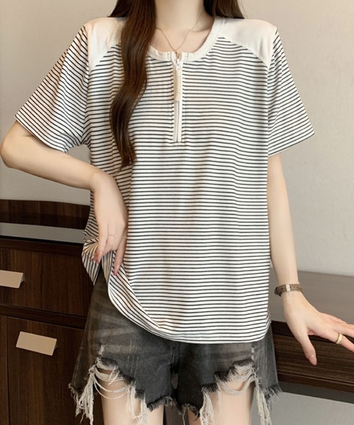 2ly2(トゥーリートゥー)の「半袖Tシャツ ボーダー柄 ハーフジップ ラグランスリーブトップス(Tシャツ/カットソー・レディース・グレー/ホワイト・FREE)」の16枚目の写真