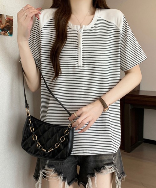 2ly2(トゥーリートゥー)の「半袖Tシャツ ボーダー柄 ハーフジップ ラグランスリーブトップス(Tシャツ/カットソー・レディース・グレー/ホワイト・FREE)」の17枚目の写真