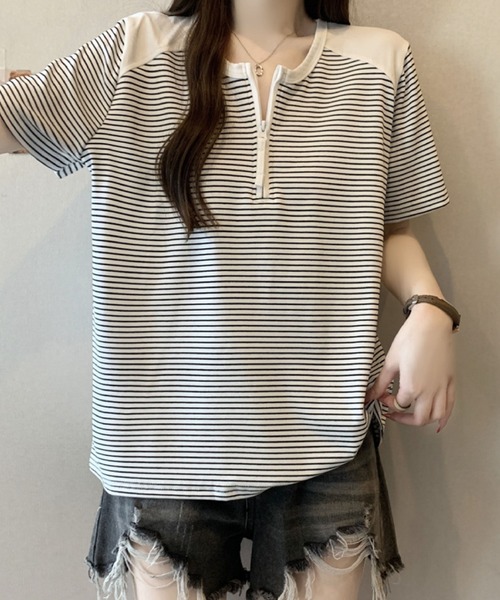 2ly2(トゥーリートゥー)の「半袖Tシャツ ボーダー柄 ハーフジップ ラグランスリーブトップス(Tシャツ/カットソー・レディース・グレー/ホワイト・FREE)」の18枚目の写真
