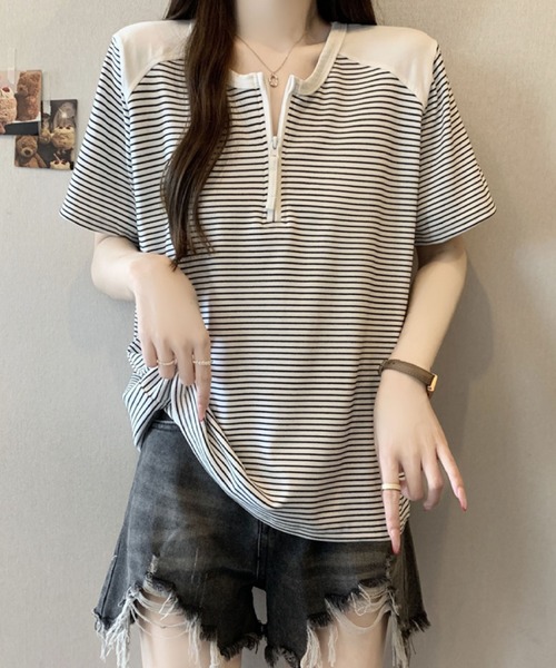 2ly2(トゥーリートゥー)の「半袖Tシャツ ボーダー柄 ハーフジップ ラグランスリーブトップス(Tシャツ/カットソー・レディース・グレー/ホワイト・FREE)」の9枚目の写真