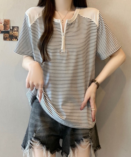 2ly2(トゥーリートゥー)の「半袖Tシャツ ボーダー柄 ハーフジップ ラグランスリーブトップス(Tシャツ/カットソー・レディース・グレー/ホワイト・FREE)」の10枚目の写真