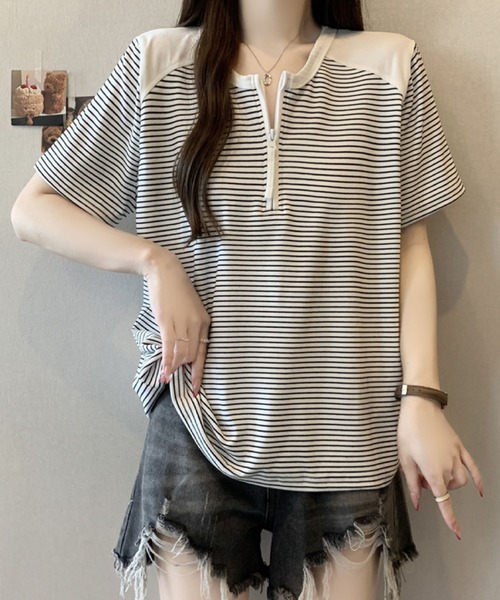 2ly2(トゥーリートゥー)の「半袖Tシャツ ボーダー柄 ハーフジップ ラグランスリーブトップス(Tシャツ/カットソー・レディース・グレー/ホワイト・FREE)」の11枚目の写真