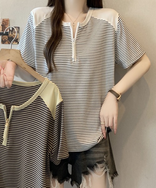 2ly2(トゥーリートゥー)の「半袖Tシャツ ボーダー柄 ハーフジップ ラグランスリーブトップス(Tシャツ/カットソー・レディース・グレー/ホワイト・FREE)」の12枚目の写真
