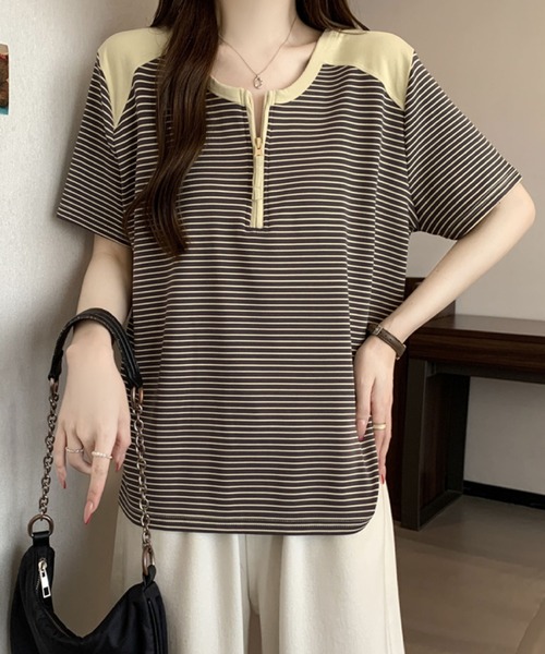 2ly2(トゥーリートゥー)の「半袖Tシャツ ボーダー柄 ハーフジップ ラグランスリーブトップス(Tシャツ/カットソー・レディース・グレー/ホワイト・FREE)」の13枚目の写真
