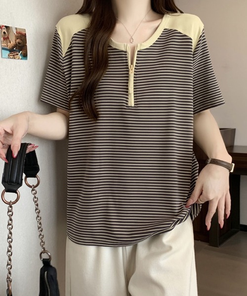 2ly2(トゥーリートゥー)の「半袖Tシャツ ボーダー柄 ハーフジップ ラグランスリーブトップス(Tシャツ/カットソー・レディース・グレー/ホワイト・FREE)」の14枚目の写真