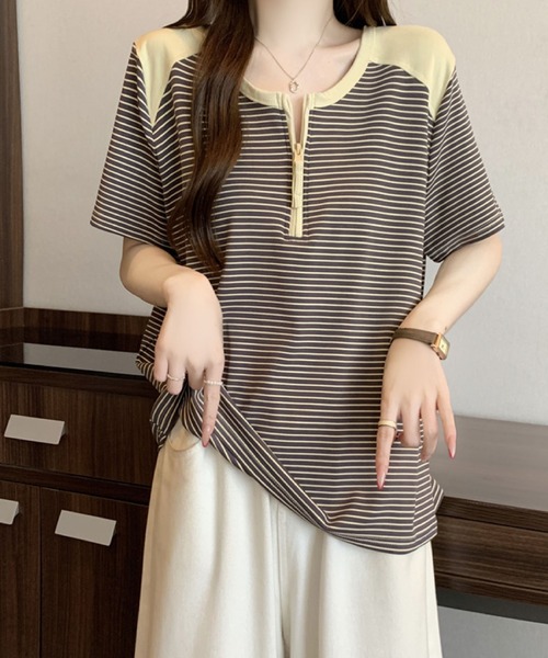2ly2(トゥーリートゥー)の「半袖Tシャツ ボーダー柄 ハーフジップ ラグランスリーブトップス(Tシャツ/カットソー・レディース・グレー/ホワイト・FREE)」の3枚目の写真