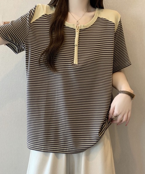 2ly2(トゥーリートゥー)の「半袖Tシャツ ボーダー柄 ハーフジップ ラグランスリーブトップス(Tシャツ/カットソー・レディース・グレー/ホワイト・FREE)」の4枚目の写真