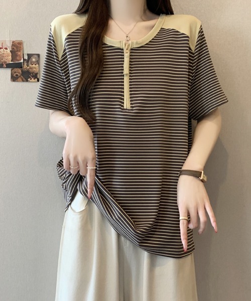 2ly2(トゥーリートゥー)の「半袖Tシャツ ボーダー柄 ハーフジップ ラグランスリーブトップス(Tシャツ/カットソー・レディース・グレー/ホワイト・FREE)」の5枚目の写真