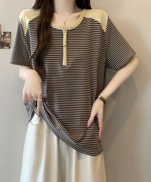 2ly2(トゥーリートゥー)の「半袖Tシャツ ボーダー柄 ハーフジップ ラグランスリーブトップス(Tシャツ/カットソー・レディース・グレー/ホワイト・FREE)」の6枚目の写真