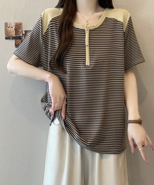 2ly2(トゥーリートゥー)の「半袖Tシャツ ボーダー柄 ハーフジップ ラグランスリーブトップス(Tシャツ/カットソー・レディース・グレー/ホワイト・FREE)」の7枚目の写真