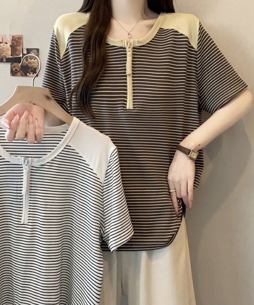 2ly2(トゥーリートゥー)の「半袖Tシャツ ボーダー柄 ハーフジップ ラグランスリーブトップス(Tシャツ/カットソー・レディース・グレー/ホワイト・FREE)」の8枚目の写真