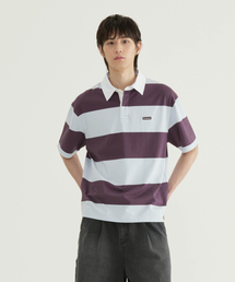 ストライプラグビー襟Tシャツパープル