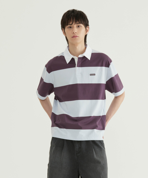 COVERNAT(カバーナット)の「ストライプラグビー襟Tシャツパープル(ポロシャツ・メンズ・その他・X-SMALL/SMALL/MEDIUM/LARGE/X-LARGE/XX-LARGE)」の1枚目の写真