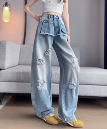 フラップポケット ダメージ加工 デニム ワイドストレートパンツ