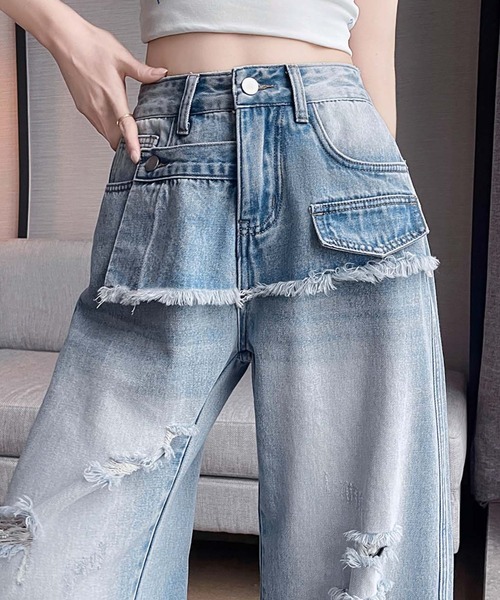 AMAJI(アマジ)の「フラップポケット ダメージ加工 デニム ワイドストレートパンツ(デニムパンツ・レディース・ブルー・X-LARGE/LARGE/MEDIUM/SMALL)」の6枚目の写真
