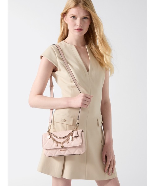 GUESS 2way レザーショルダー/ハンド 極美品 グレー ストラップ付 GUESS（ゲス） ショルダーバッグ バッグ MALEENA Convertible Top Zip