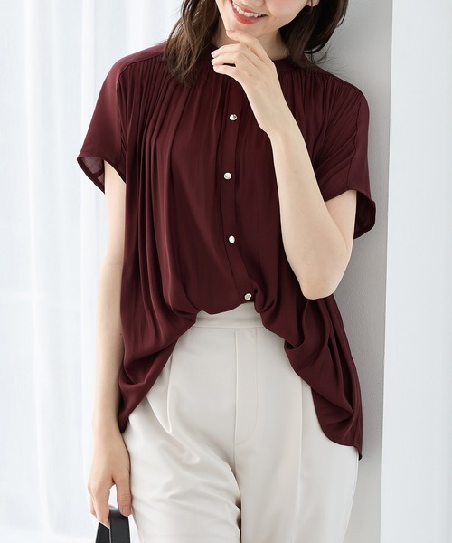 Honeys（ハニーズ）の「フレンチギャザーブラウス（シャツ/ブラウス・レディース・グレイッシュベージュ/ブラウン/ホワイト/ボルドー/スミクロ・L/LL/M）」の5枚目の写真