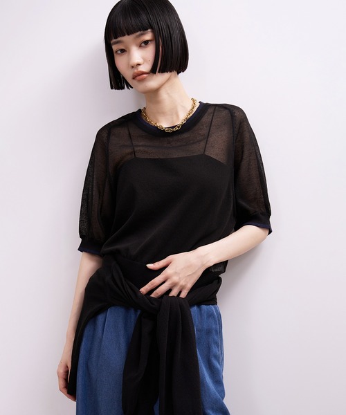 ADAM ET ROPE'（アダムエロペ）の「【WEB限定】リネンmixバイカラーシアーニットTシャツ（Tシャツ/カットソー・レディース・ダークパープル/サックスブルー/ブラック系その他・FREE）」の2枚目の写真
