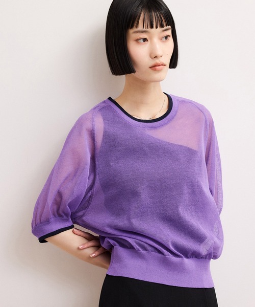 ADAM ET ROPE'（アダムエロペ）の「【WEB限定】リネンmixバイカラーシアーニットTシャツ（Tシャツ/カットソー・レディース・ダークパープル/サックスブルー/ブラック系その他・FREE）」の3枚目の写真
