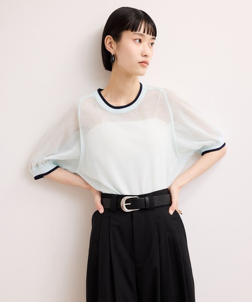 ADAM ET ROPE'（アダムエロペ）の「【WEB限定】リネンmixバイカラーシアーニットTシャツ（Tシャツ/カットソー・レディース・ダークパープル/サックスブルー/ブラック系その他・FREE）」の8枚目の写真