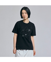 フラワーパッチワーク半袖Tシャツブラック