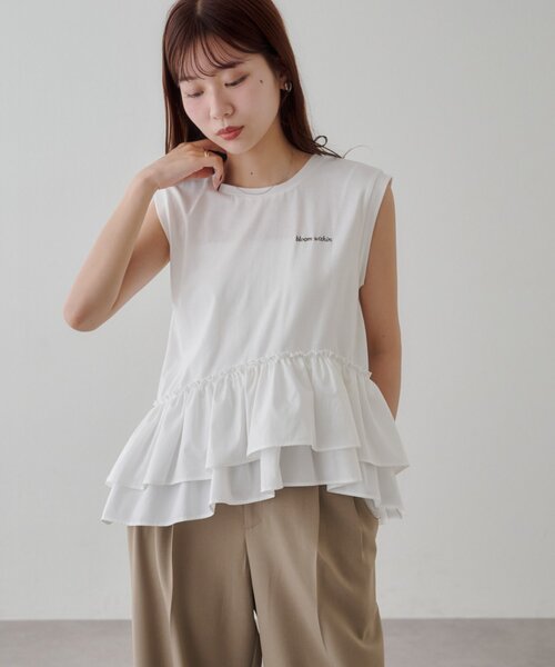 DISCOAT(ディスコート)の「異素材ドッキングフリルノースリーブ(Tシャツ/カットソー・レディース・カーキ/ブラック/オフホワイト・FREE)」の1枚目の写真