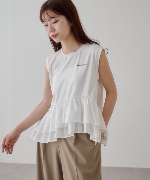DISCOAT(ディスコート)の「異素材ドッキングフリルノースリーブ(Tシャツ/カットソー・レディース・カーキ/ブラック/オフホワイト・FREE)」の5枚目の写真
