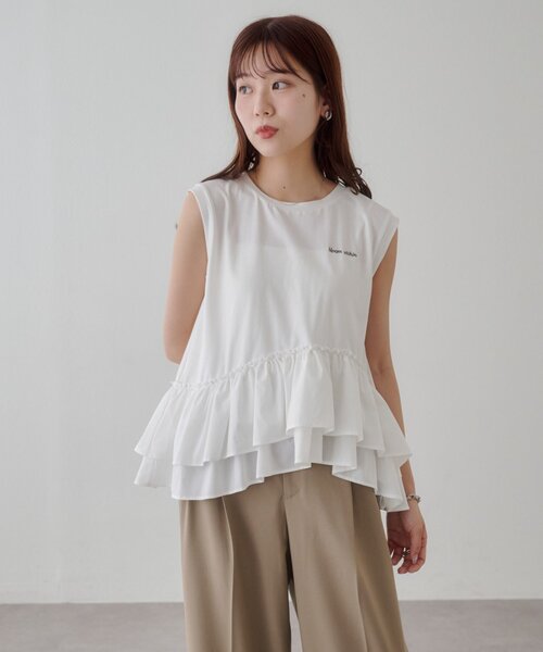 DISCOAT(ディスコート)の「異素材ドッキングフリルノースリーブ(Tシャツ/カットソー・レディース・カーキ/ブラック/オフホワイト・FREE)」の6枚目の写真