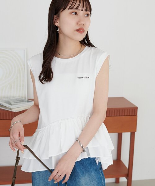 DISCOAT(ディスコート)の「異素材ドッキングフリルノースリーブ(Tシャツ/カットソー・レディース・カーキ/ブラック/オフホワイト・FREE)」の10枚目の写真