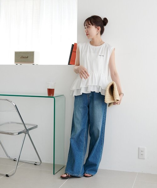 DISCOAT(ディスコート)の「異素材ドッキングフリルノースリーブ(Tシャツ/カットソー・レディース・カーキ/ブラック/オフホワイト・FREE)」の14枚目の写真