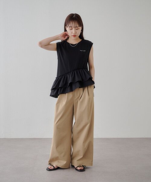 DISCOAT(ディスコート)の「異素材ドッキングフリルノースリーブ(Tシャツ/カットソー・レディース・カーキ/ブラック/オフホワイト・FREE)」の16枚目の写真
