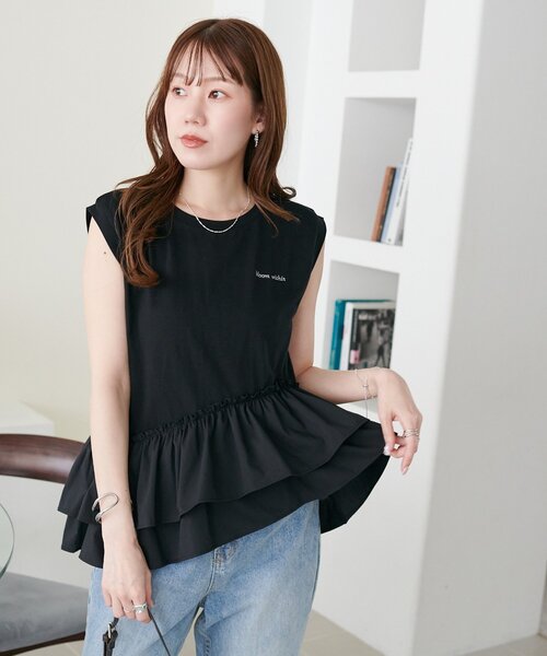 DISCOAT(ディスコート)の「異素材ドッキングフリルノースリーブ(Tシャツ/カットソー・レディース・カーキ/ブラック/オフホワイト・FREE)」の19枚目の写真