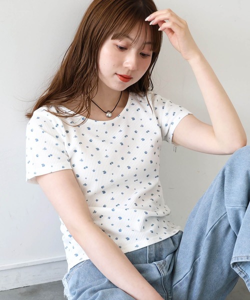 tiptop（ティップトップ）の「小花柄ワッフルTシャツ（Tシャツ/カットソー・レディース・オフホワイト/サックスブルー・FREE）」の16枚目の写真