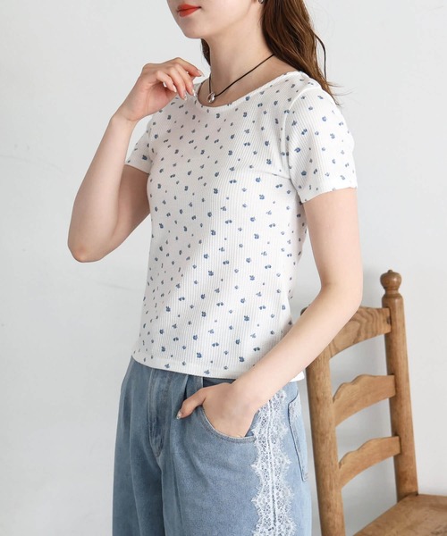 tiptop（ティップトップ）の「小花柄ワッフルTシャツ（Tシャツ/カットソー・レディース・オフホワイト/サックスブルー・FREE）」の22枚目の写真