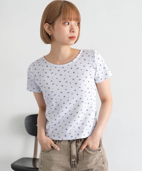 tiptop（ティップトップ）の「小花柄ワッフルTシャツ（Tシャツ/カットソー・レディース・オフホワイト/サックスブルー・FREE）」の6枚目の写真