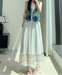 ワイドレース×フリル付きイージーワイドパンツ