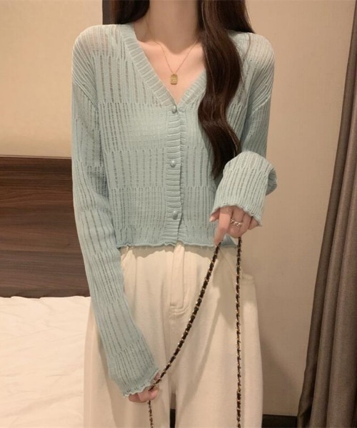 Ritzy（リッツィー）の「シアーランダムリブ  ショート丈 Vネックニットカーディガン（カーディガン/ボレロ・レディース・ホワイト/グリーン系/ベージュ/ブラック・FREE）」の14枚目の写真